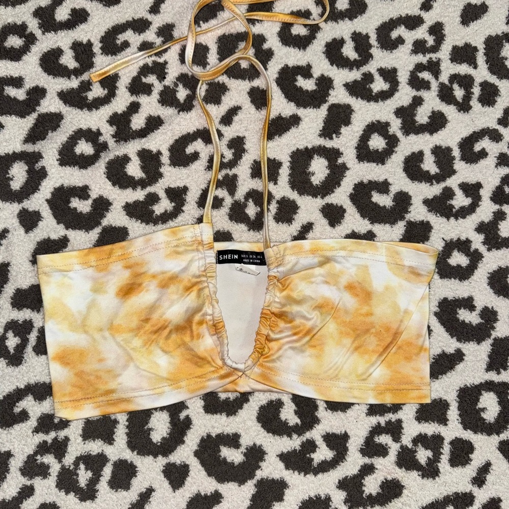 SHEIN Yellow Ruched Tie Front Crop Top